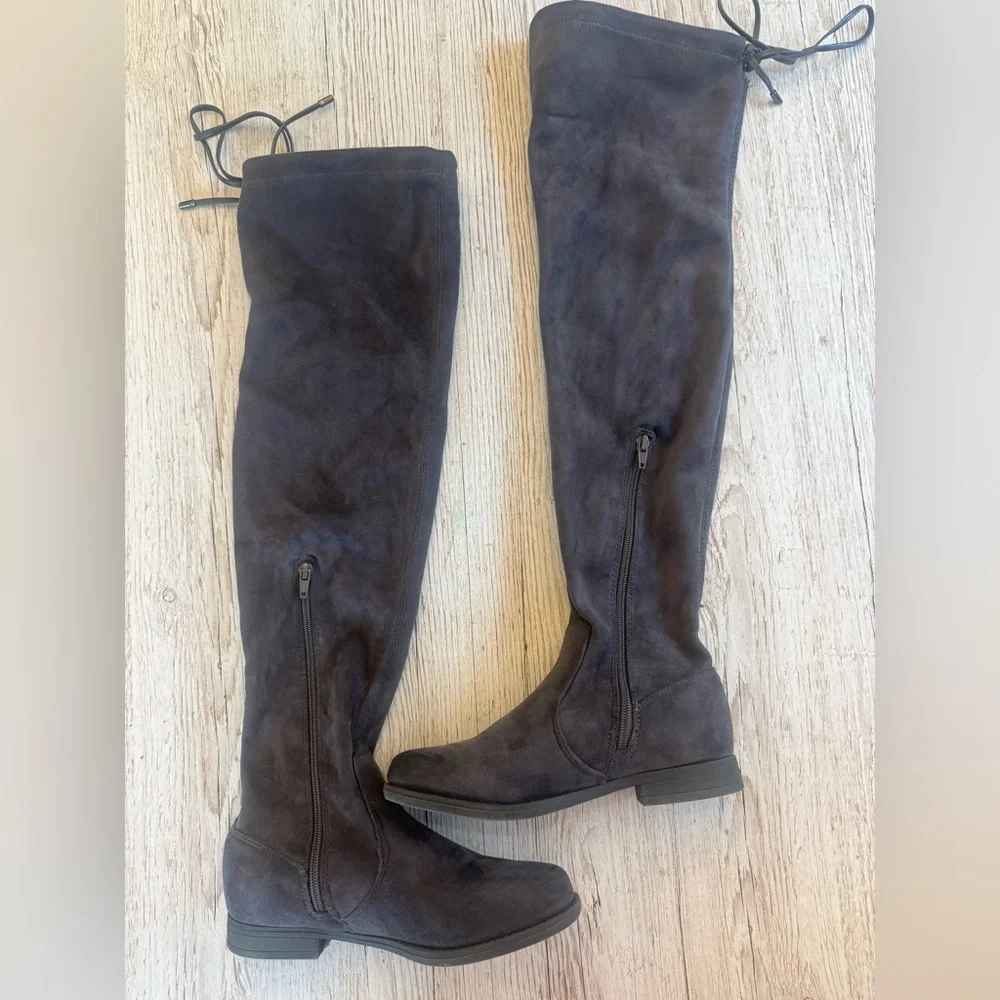 Over-the-Knee Pull on Low Heel Grey Boots with Tie top detail 6